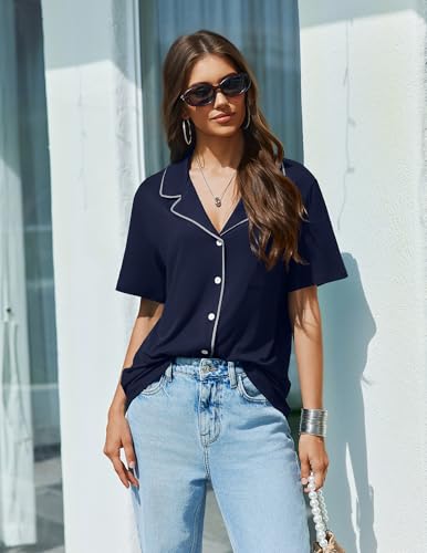Image of Ekouaer Pajamas Set for Women 2 Piece Pjs Short Sleeve Sleepwear Button Down Lounge Shorts Sets S-XXL