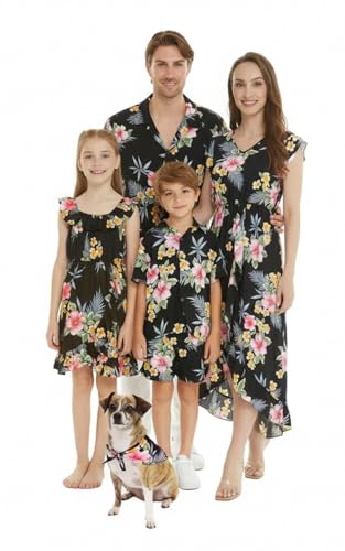 Image of Family Matching Hawaiian Clothes, Hibiscus Black | Black Hibiscus Print • Soft Rayon Fabric • Family Matching Outfits • Vacation Ready • Luau Party Wear
