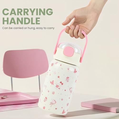 FYting Thermobecher Kinder,500ml Trinkflasche mit Strohhalm,316 Edelstahl Isolierte Wasserflasche,BPA Freie, HeißE und Kalte Getränke, Travel Mug Und Griffen, für de Schule, Reisen, Sport (Rosa)