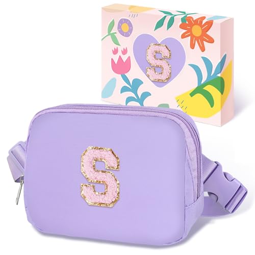 Image of COSHAYSOO Easter Birthday Initial Gifts for Teen Girls 5 6 7 8 9 10 11 12 13 14 Year Old Purple Fanny Pack for Girls Belt Bag Crossbody Travel Purse Unique Trendy Preppy Stuff Chenille Letter S