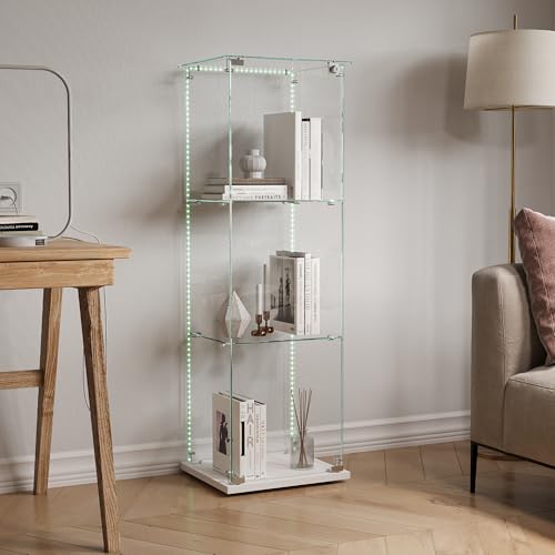 TIMORWTF Vetrina in vetro con striscia luminosa a LED, armadio EE vetrina moderna con 3 ripiani e porta, vetrina da parete per collezione, per camera da letto, soggiorno e sala da pranzo, 123 x 40 x
