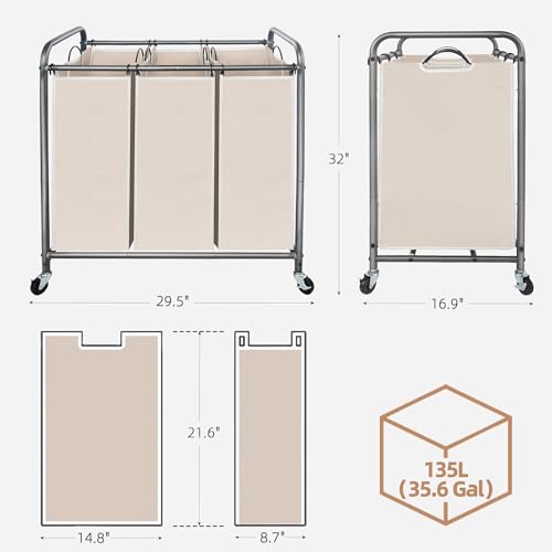 Image of STORAGE MANIAC 3 Section Laundry Sorter, 35.6 Gal (135 L) Laundry Hamper Cart with Heavy Duty Rolling Lockable Wheels and Removable Bags, Clothes Organizer Basket Separator Hamper, Beige