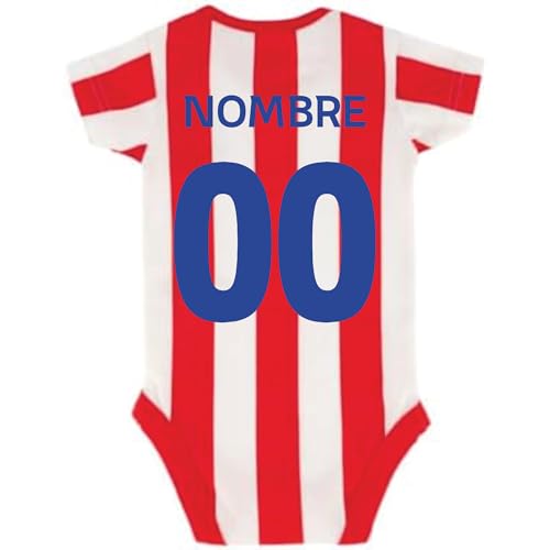 ATM - Body Bebé Oficial PERSONALIZABLE | Diseño rojiblanco con escudo | 100% algodón transpirable | Cierre con corchetes | Ideal para regalo colchonero (Rojo y Blanco, 6 meses)