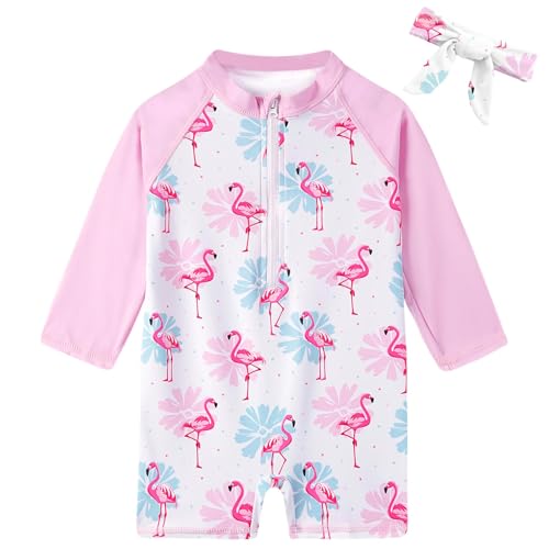 Image of TUPOMAS Baby Girls Swimsuit Long Sleeve Flamingo Bathing Suit Sun Protect Rash Guard One Piece Swimwear 6-12 Months