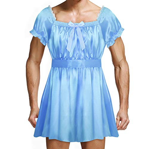 Yanarno Men's Satin Frilly Scoop Neck Sissy Dress Cross Dresser Lingerie Pajamas Nightwear Costume Blue Large