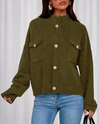 KIRUNDO Cardigans for Women Trendy Button Up Sweater Jackets Mock Neck Long Sleeve Loose Fit Chunky Knit Outwear Coats3