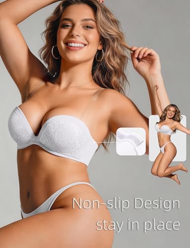 Image of Upushall Push Up Strapless Bra with Clear Straps Covertible Plunge Lace Padded Add 2 Cups Low Cut Underwire Bras for Women