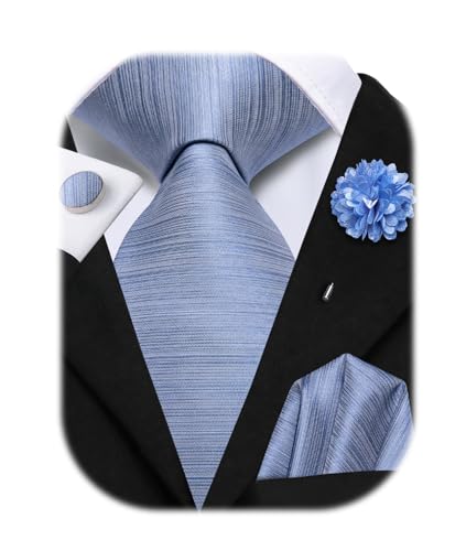 Image of Hi-Tie Men Silk Ties Set with Flower Lapel Pin Necktie Pocket Square Cufflinks for Tuxedo Wedding Business