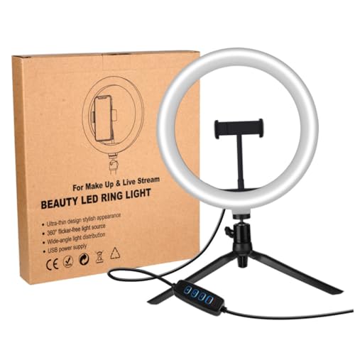 1Set Black Phone Holder with LED Tripod for Live Streaming Makeup USB Powered Three Color Dimming Compatible with All Smartphones