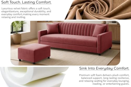 Image of Modern Three Seater Wooden Sofa Set with Ottoman, Soft Velvet Upholstery, Comfortable Couch for Living Room, Office & Apartment - Rose Pink Color