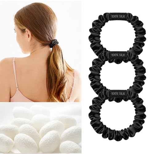 Image of THXSILK 100% Mulberry Silk Scrunchies 3-Pack, 25 Momme Mulberry Silk Hair Ties for Women, Sleek Low Profile No Damage Ponytail Holders, for Fine Hair & Everyday Use, Black