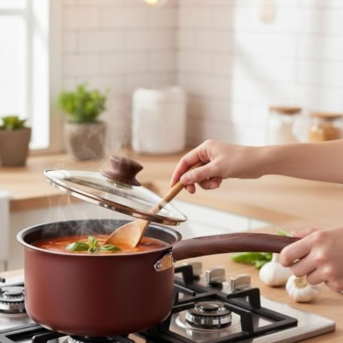 Image of The Better Home 2.5mm Triply Saucepan (1.4L-16cm) with Glass Lid | Tryply Aluminium Kadai with Heavy Bottom | Gas & Induction Kadhai for Deep Frying (Red Saucepan)