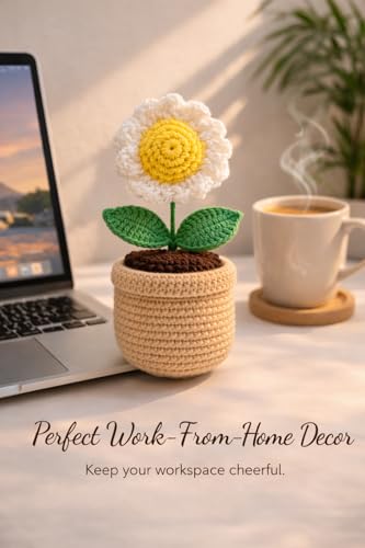 Image of Handmade Crochet Sunflower Pot - Eco-Friendly Knitted Flower Plant for Home, Office & Gifts (Beige)