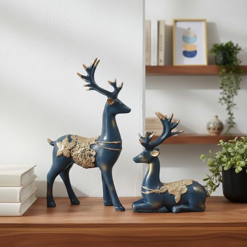 Image of eCraftIndia Resin Reindeer Showpiece for Home Decor Living Room (Pack of 2 Golden Blue) | Vastu Feng Shui Items for Good Luck Gift for Housewarming Birthday