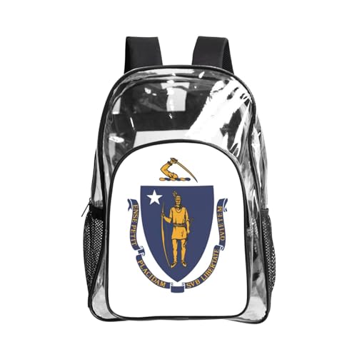 JBJGKHLP Mochila transparente unisex con estampado de bandera del estado de Massachusetts para festivales, escuela, senderismo, trabajo al aire libre, viajes