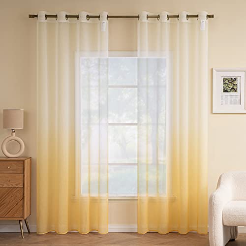 EMEMA Cortinas Translúcida Gradiente Visillo Suave Poliéster para Ventanas Balcon Color Gasa Moderna Habitación Dormitorio Balcon Salón 2 Piezas 140X225cm Naranja