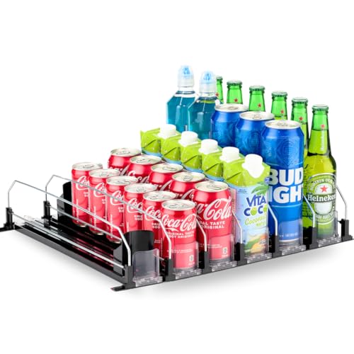 Drink Organizer for Fridge - Automatic Drink Dispenser for Fridge - Soda Can Dispenser for Refrigerator - Water, Beer Bottle, Soda Can Organizer for Refrigerator – Adjustable Self Pushing 6 Row Black