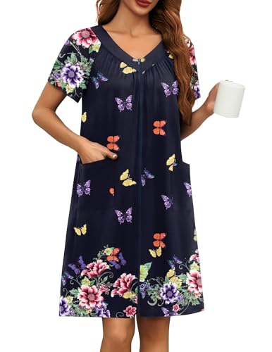 Image of Ekouaer Women Robe Zipper Front Mumu Duster Robes Zip Up Housecoat Soft Sleepwear with Pockets