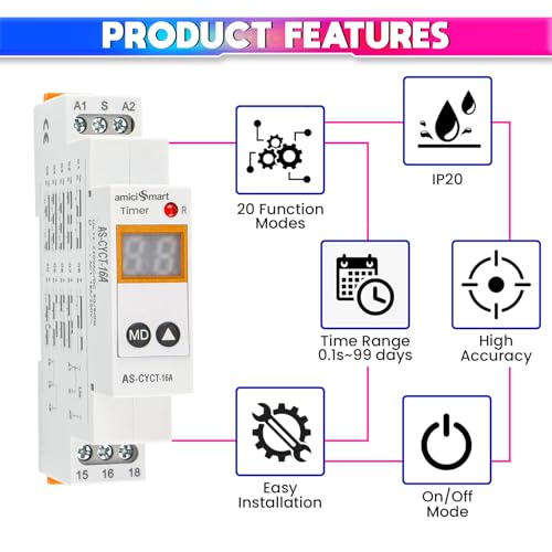 Image of amiciSmart Multi-Functional On, Off Delay, Cycle Timer Switch | 0.1 sec to 99 Days Range with 20 Function Modes, AC /DC Time Relay (16A)