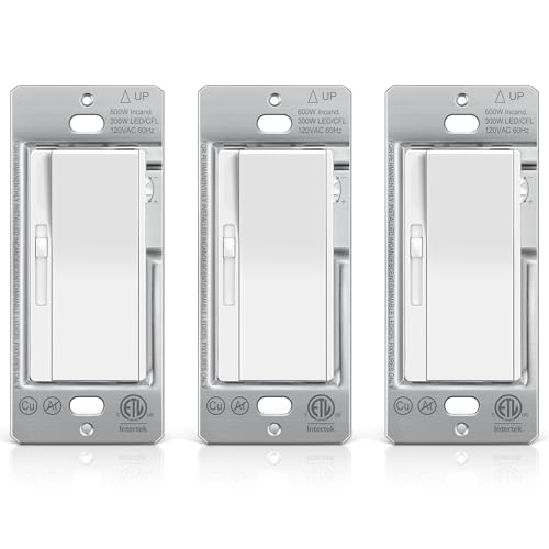 BESTTEN 3 Pack Slide Dimmer Light Switch, Quiet Rocker, Super Slim Single Pole or 3 Way Dimmable Switch, Max 300W LED, CFL, 600W Incandescent, ETL Listed, White