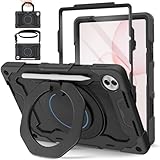 ROISKIN für Honor Pad 10 Hülle 12.1 Zoll 2025 mit Bildschirmschutz, Schultergurt, Stifthalter, Heavy Duty Stoßfeste Military Hülle für Honor Pad 10, 360°Drehbarer Ständer für Kinder, Schwarz