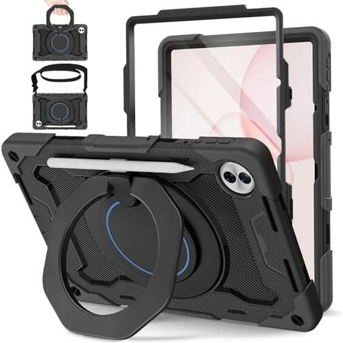 ROISKIN für Honor Pad 10 Hülle 12.1 Zoll 2025 mit Bildschirmschutz, Schultergurt, Stifthalter, Heavy Duty Stoßfeste Military Hülle für Honor Pad 10, 360°Drehbarer Ständer für Kinder, Schwarz