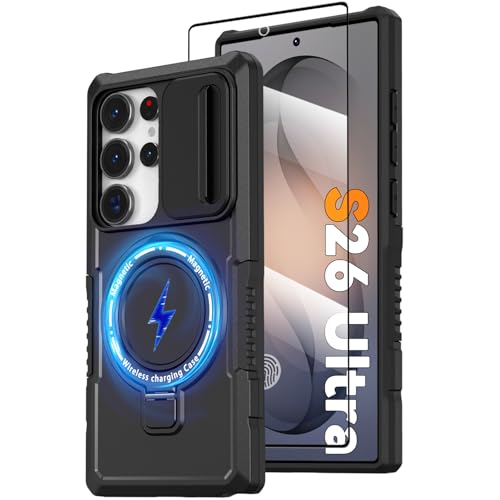 Magnetic Case for Samsung Galaxy S26 Ultra with Ring Stand [Screen Protector] [Compatible with MagSafe Wireless Charging] Military Grade Shockproof Case with Camera Cover for Samsung S26 Ultra, Black