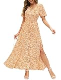 Kranda Women Spring Dress 2025 Summer Deep V Neck Flutter Short Sleeve Empire Waist Casua Long Beach Slit Boho Orange Yellow Floral Maxi Dress L