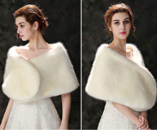 Teyglen Bridal Faux Fur Wrap Shawl Cape for Women Wedding Evening Party White Fur Stole Wrap with Brooch Warm Cover Fur Scarf2