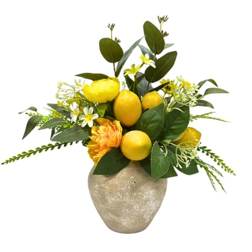 Lnymura 15 Inch Faux Lemon Plant in Rustic Grey Vase Artificial Peony & Eucalyptus Flower Arrangement Farmhouse Table Centerpiece for Kitchen, Shelf & Home Decor
