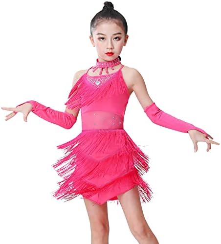 AFAVOM Sequin Tassel Latin Dance Dress for Girls Kids Figure Skating Dresses Halter Backless Flapper Fringe Party Ballroom Dancewear Costume with Gloves Choker Shorts Hot Pink 4PCS 7-8 Years