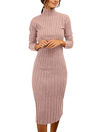 Image of MEROKEETY Women's Ribbed Long Sleeve Sweater Dress High Neck Slim Fit Knitted Midi Dress