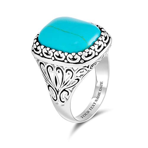 Personalize Southwest Boho Style 7-10 CTW Large Dome Rectangle Oval Gemstone Bezel Set Blue Turquoise Western Statement Ring For Women Filigree Scroll Band .925 Sterling Silver Customizable