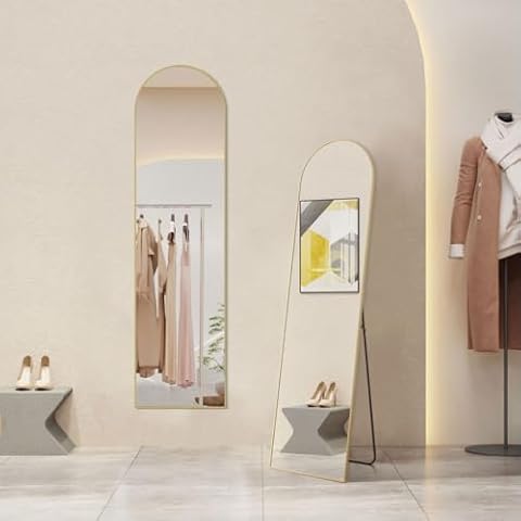 Arched Full Length Mirror, 59"x 16" Floor Mirror with Aluminum Alloy Thin Frame, Full Body Mirror Hanging or Leaning for Wall Bedroom Dressing Mirror Home Decor, Gold Cover