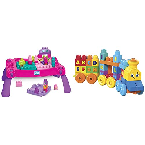 Mega Bloks Build 'n Learn Table, 30 Pieces, Portable Table, Ideal for Ages 1 and up , Pink & Bloks First Builders ABC Musical Train with Big Building Blocks, Building Toys for Toddlers (50 Pieces)
