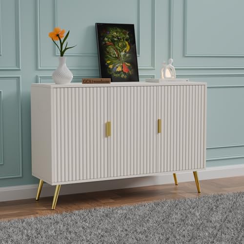 Image of Wooden Sideboard Cabinet for Living Room | Side Board with 3 Doors Cabinet Storage for Dining, Drawing and Home Office | HDMR Premium Wood & Iron, Warm White & Golden