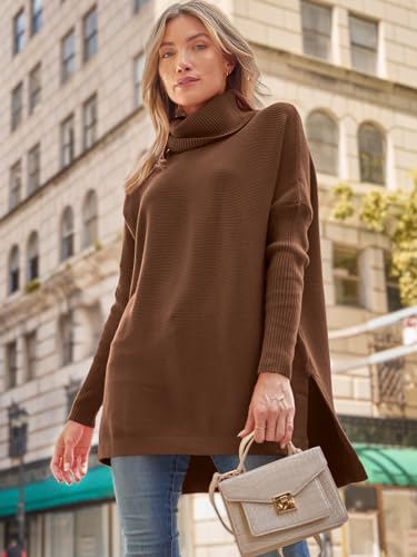 Image of LILLUSORY Women's Turtleneck Oversized Sweaters Long Batwing Sleeve Spilt Hem Tunic Pullover Knit Tops