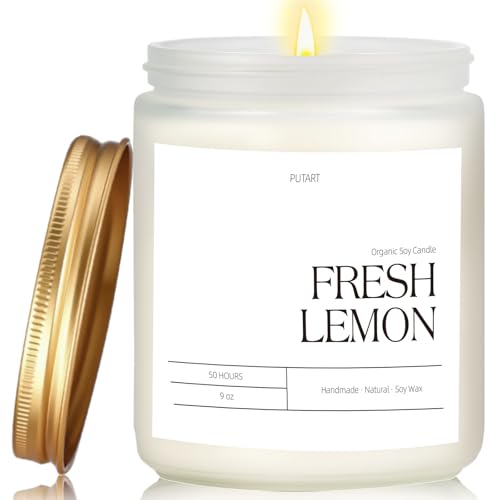 Putart Fresh Lemon Highly Scented Candle for Home 9oz Natural Soy Aromatherapy Non Toxic Candles with Essential Oil Home Fragrance Stress Relief & Meditation Jar Candles Gifts for Women & Men White