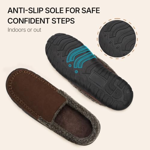 Image of Men's Moccasin House Slippers Memory Foam Suede Plush Indoor Bedroom Shoes | Fuzzy Non-Slip Warm Winter Comfy Cowboy Slippers for Indoor Outdoor Home Dad Husband Grandpa Gifts Black Brown Grey