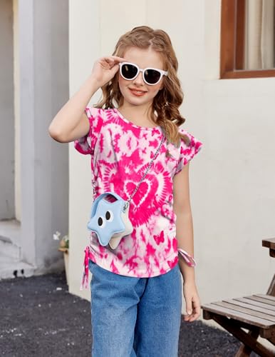 Image of Arshiner Girls T Shirts Ruffle Short Sleeve Ruched Knot Side Tunic Blouse Summer Tee Tops