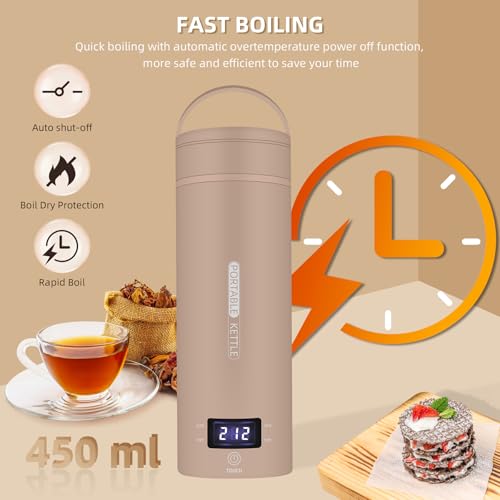 Image of Travel Electric Kettle Portable Small Mini Tea Coffee Kettle Water Boiler, Water Heater with 4 Temperature Control,304 Stainless Steel with Auto Shut-Off & Boil Dry Protection, BPA-Free (Khaki)