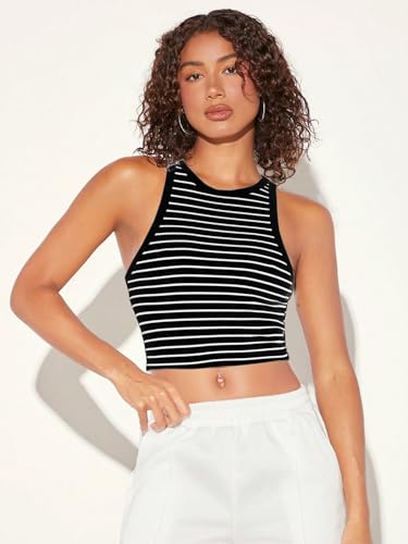 Image of Aahwan Women's & Girl's 100% Polyester Black Slim Fit Striped Crop Racerback Tank Top
