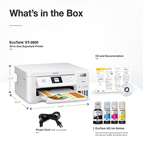 Epson Ecotank Et-2850 Wireless Color All-In-One Cartridge-Free Supertank Inkjet Printer, White - Print Scan Copy - 1.44" Lcd Display, 10 Ppm, 4800 X 1200 Dpi, 2-Sided Printing, Voice-Activated #TOP4