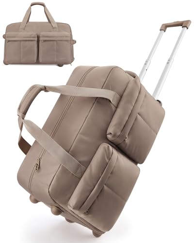 BAGSMART Rolling Duffle Bag with Wheels, Carry On Bag Duffel Bag for Travel, Wet Pocket Duffle Bag with Wheels and Handle, Camel