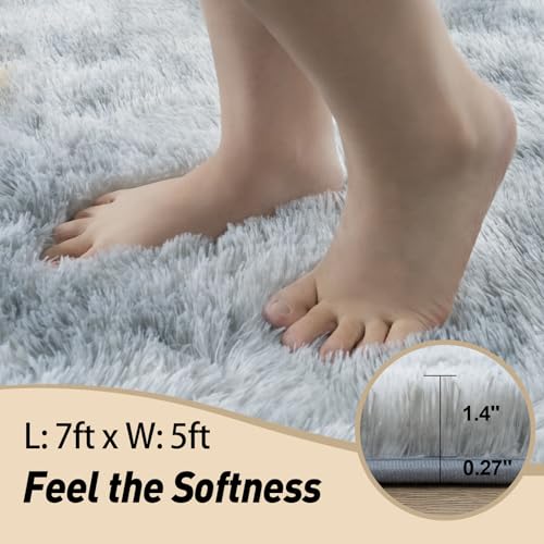 5x7 Rugs for Living Room, Large Fluffy Area Rugs for Bedroom, Soft Carpet Shag Kids Rug with 4 Non-Slip Rug Pads (Grey Tie-Dyed, 5ft x 7ft)