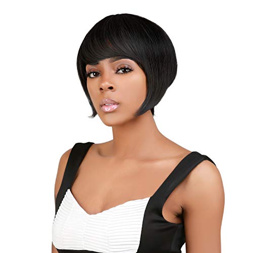 Instant Fab Short Human Hair Wigs Pixie Cut Wigs with Bangs for Black Women Short Wedge Pixie Hairstyles Wig Layered Non Lace Front Wigs - Tourmaline (NATURAL BLACK)