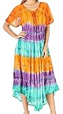 Sakkas Sula Long Laced Cotton Tie-Dye Wide Neck Embroidered Boho Sundress Cover Up