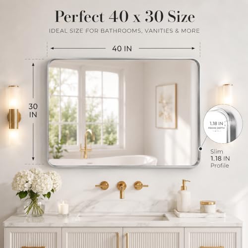 Image of 30 inchx40 inch Rounded Corners Silver Bathroom Mirror - Metal Framed with HD Shatter-Proof Glass, Wall-Mounted for Over Sink, Entryway, Living Room, Bedroom