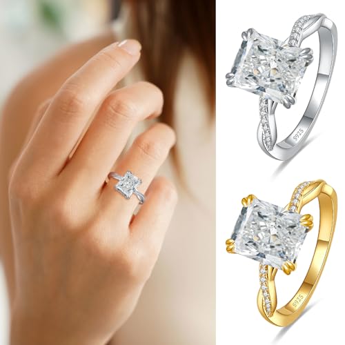 4CT Radiant Cut Engagement Rings for Women, 925 Sterling Silver Cubic Zirconia Wedding Band, 14K Gold/White Gold Plated Simulated Diamond Ring Wedding Promise Gift for Her, Size 5-103