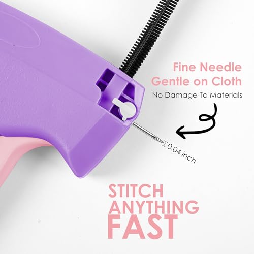 Scopck Micro Stitchy Gun for Clothes - Handheld Mini Sewing Tagging Gun - Includes 6 Needles, 1000 Black & White Fasteners (Purple)
